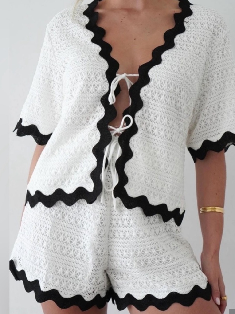 Breakaway Tie Front Shirt & Drawstring Shorts Crochet White SET